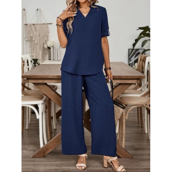 Kadın Kısa Kollu V Yakalı Aerobin Bluz Ve Pantolon Ikili Takım