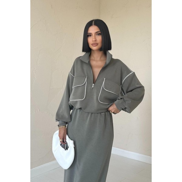 Haki Biyeli Sweatshirt Ve Etek Takım