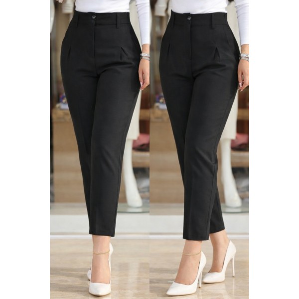 Kadın Yüksek Bel Cepli Paça Ağzı Pile Detaylı Ithal Krep Pantolon