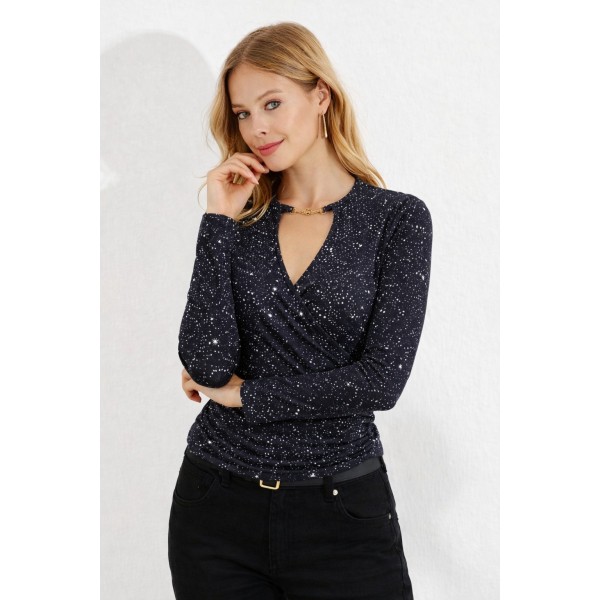 Kadın Uzun Kollu Kruvaze Yakalı Aksesuarlı Dalgıç Bluz