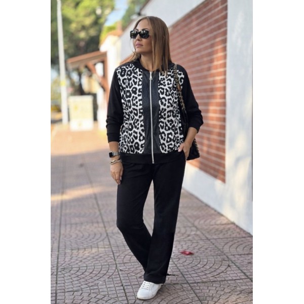 Kadın Uzun Kollu önden Fermuarlı Leopar Desenli Viskon Iki Iplik Bluz Ve Pantolon Ikili Takım