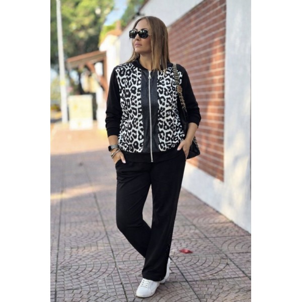 Kadın Uzun Kollu önden Fermuarlı Leopar Desenli Viskon Iki Iplik Bluz Ve Pantolon Ikili Takım