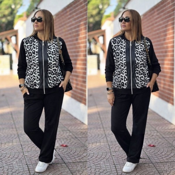 Kadın Uzun Kollu önden Fermuarlı Leopar Desenli Viskon Iki Iplik Bluz Ve Pantolon Ikili Takım