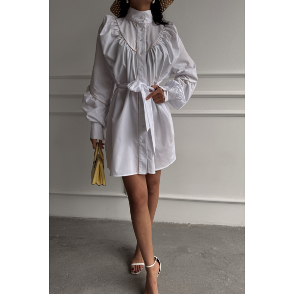 ÖNDEN DÜĞMELİ POPLİN KLOŞ ELBİSE BAĞLAMA KEMER DETAYLI - Beyaz