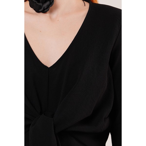 Ön Bağlamalı Volan Kol Siyah Bluz