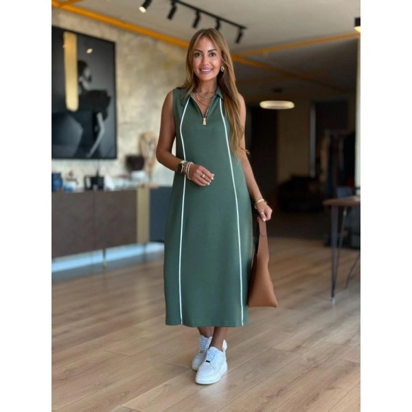 Kadın Modal Kumaş şerit Detaylı Fermuarlı Midi Elbise
