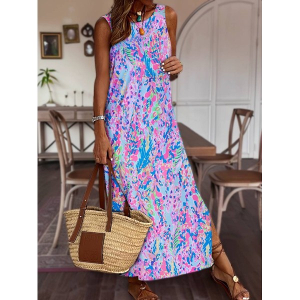 Kadın Askılı Yuvarlak Yaka Yandan Yırtmaçlı Uzun Süprem Elbise