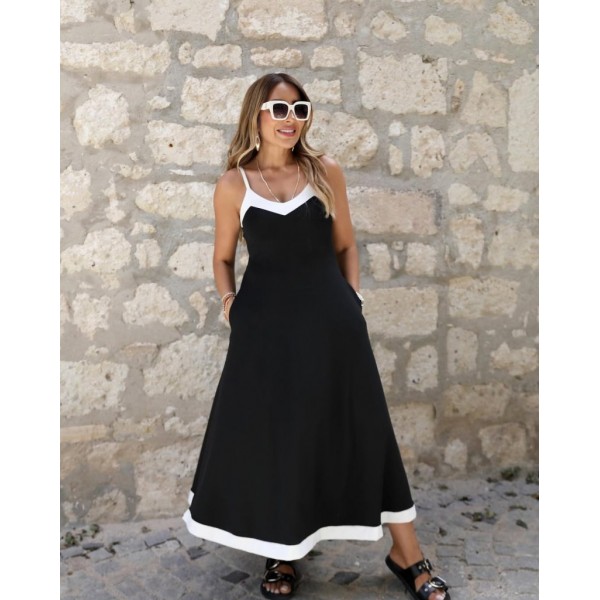 Kadın Ip Askılı V Yakalı çift Renkli Janjan Krep Elbise