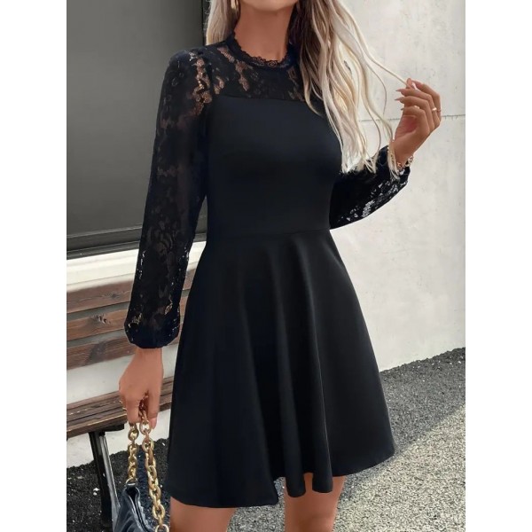 Kadın Uzun Kollu Dantelli Kloş Mini Ithal Krep Elbise