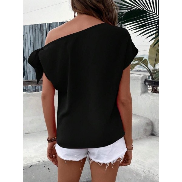 Kadın Tek Omuzu Açık Koldan Bağlamalı Janjan Krep Bluz