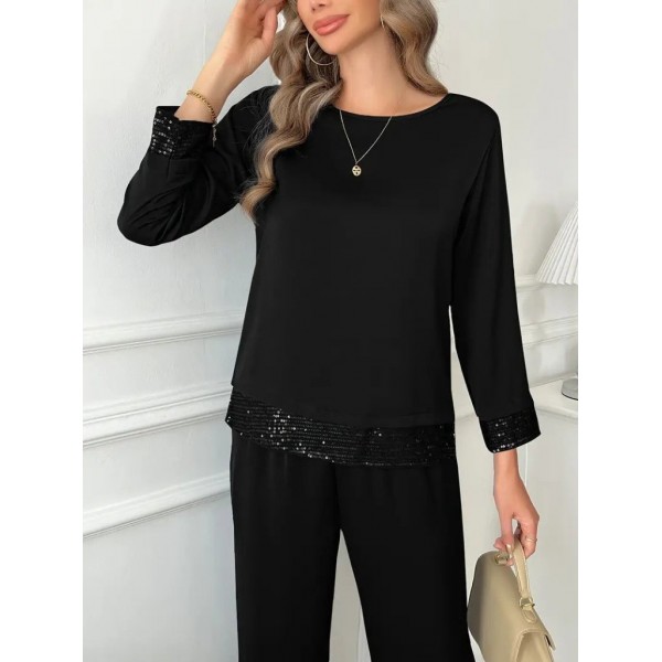 Kadın Uzun Kollu Bisiklet Yaka Pulpayetli Viskon Iki Iplik Bluz Ve Pantolon Ikili Takım