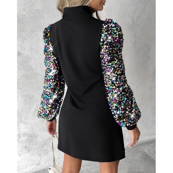 Kadın Uzun Kollu Balıkçı Yaka Düğme Detay Renkli Pul Payet Kol Scuba Krep Elbise
