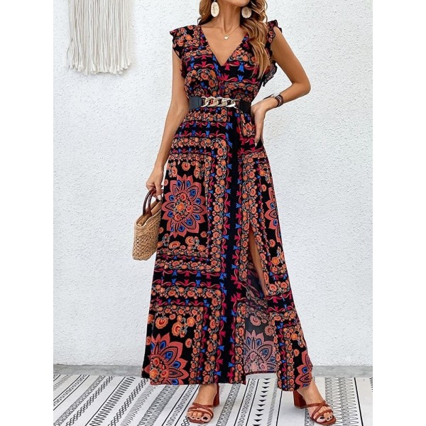 Kadın Kısa Kollu V Yakalı Deseni Yırtmaçlı Süprem Elbise