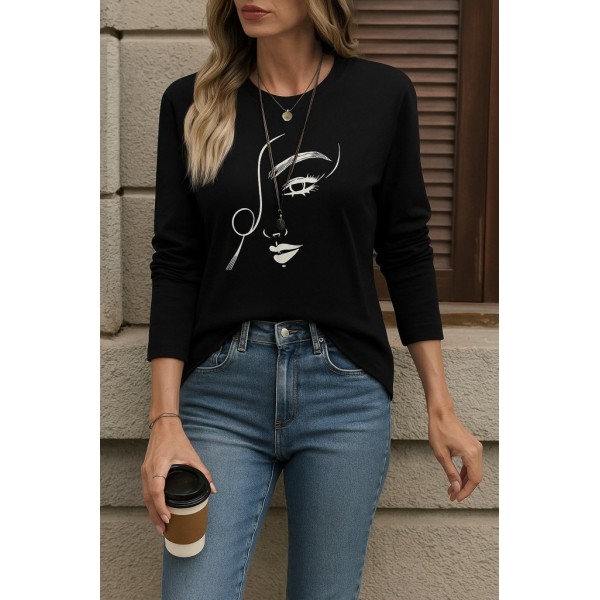 Kadın Uzun Kollu Bisiklet Yaka Yüz Desenli Viskon Bluz
