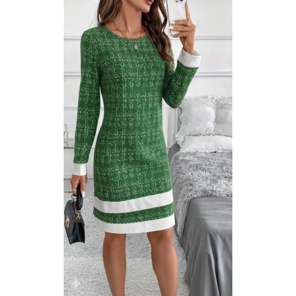 Kadın Uzun Kollu Yuvarlak Yaka Etek Ucu şerit Detaylı Mini Dokuma Elbise