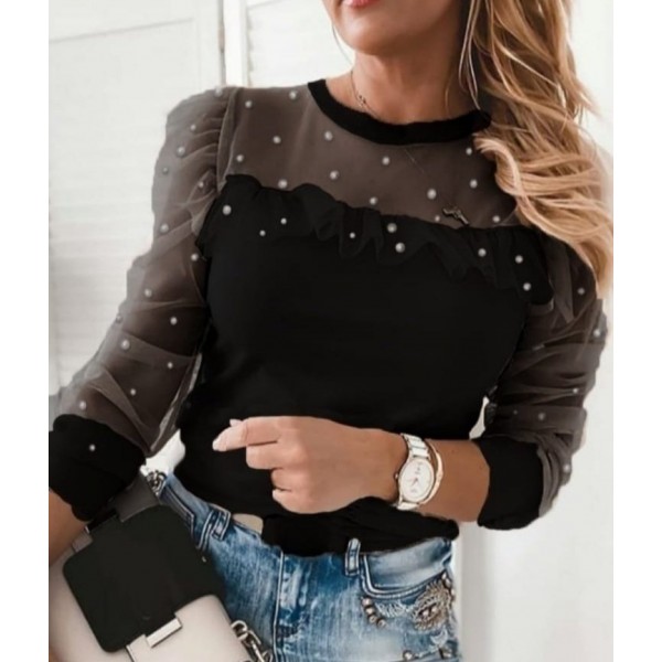 Kadın Uzun Kollu Inci Detaylı Tüllü Viskon Bluz