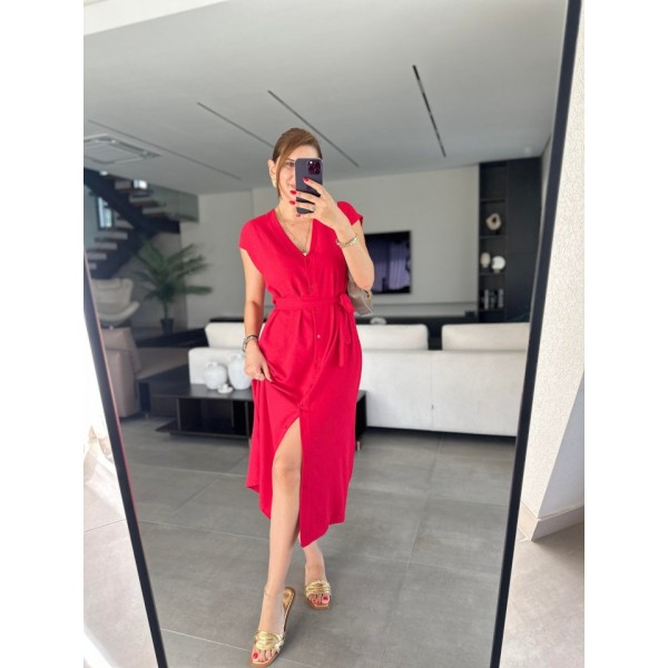 Kadınn V Yaka Düğme Detay Kuşak Dahil Elbise