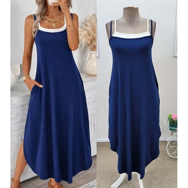 Kadın Ip Askılı Yuvarlak Yakalı Cepli Uzun Viskon Elbise