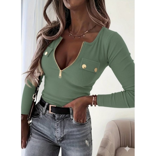 Kadın Uzun Kollu önden Fermuar Ve Cepli Kaşkorse Bluz
