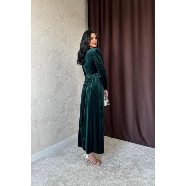 Zümrüt Göğüs Altı Taşlı Elbise