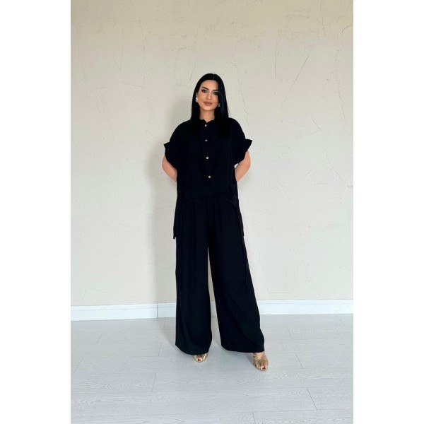 Siyah Önü Pileli İkili Keten Takım