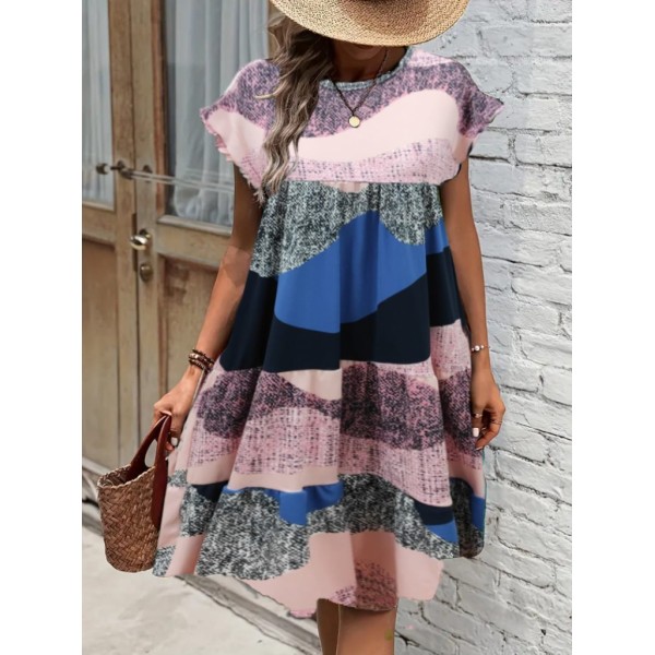 Kadın Kısa Kollu Bisiklet Yaka Kare Desenli Dalgıç Elbise