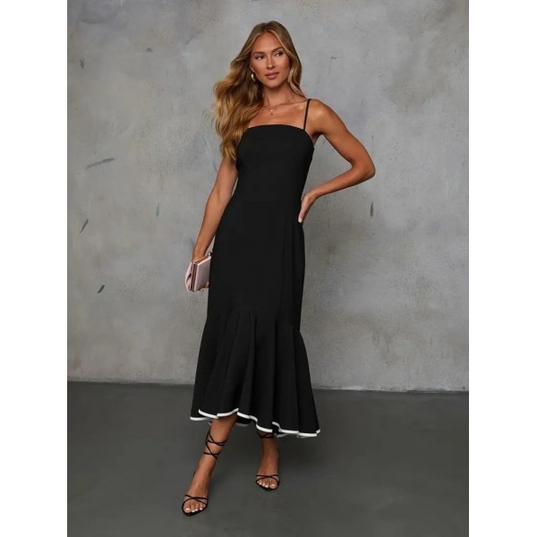 Kadın Ip Askılı Straplez Kesim Detay Maksi Boy Janjan Krep Elbise