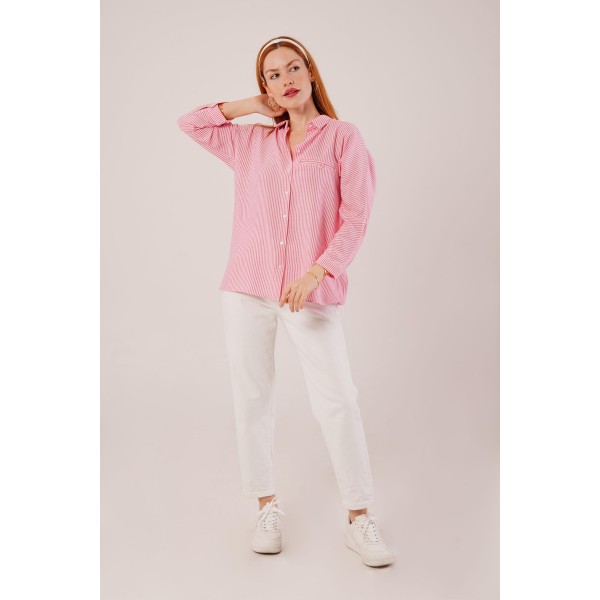 Cep Detay Çizgili Oversize Pembe Gömlek