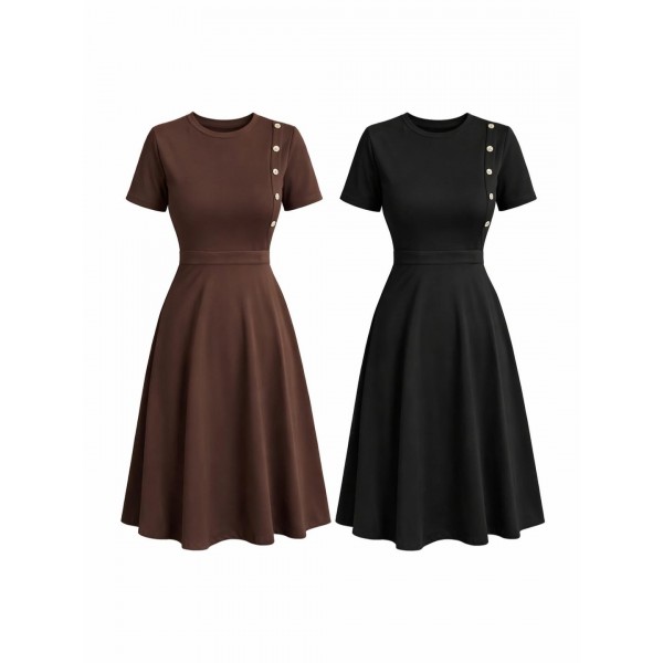 Kadın Kısa Kollu Bisiklet Yaka Gold Düğme Detay Midi Boy Elbise