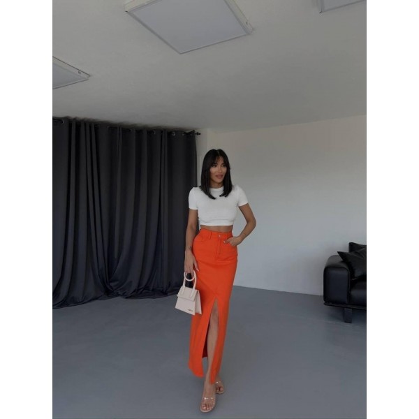 GABARDİN UZUN ÖNDEN YIRTMAÇLI ETEK - Turuncu