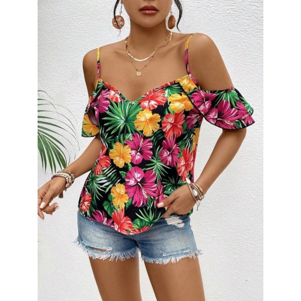 Kadın Askılı Omuzlardan Açık çiçek Baskılı Bluz