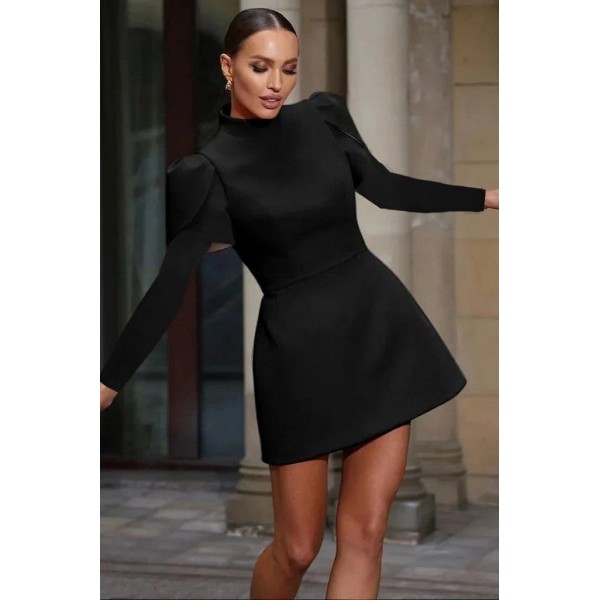 Kadın Uzun Kollu Yarı Balıkçı Yaka Arkadan Kurdela Detaylı Mini Atlas Elbise