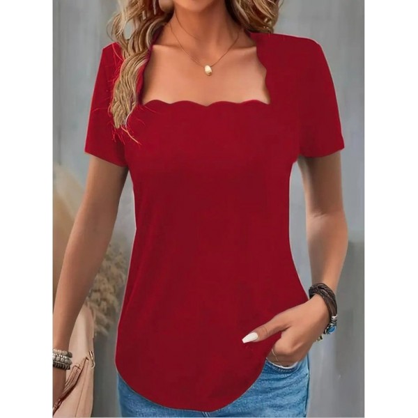 Kadın Kısa Kollu Kare Lazer Yakalı Janjan Krep Bluz