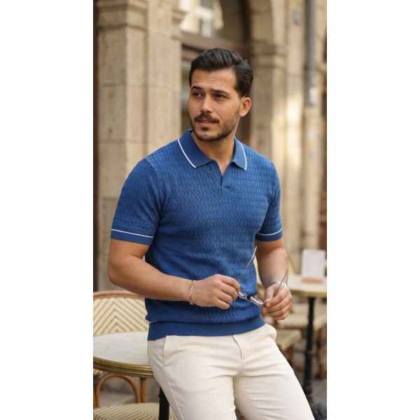 Erkek Zikzak Dokulu Yakalı Kısa Kollu Triko