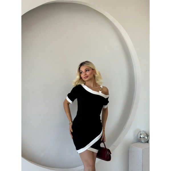 Kadın Kısa Kollu Asimetrik Kesim Yaka şerit Ve Aksesuar Detaylı Modal Elbise