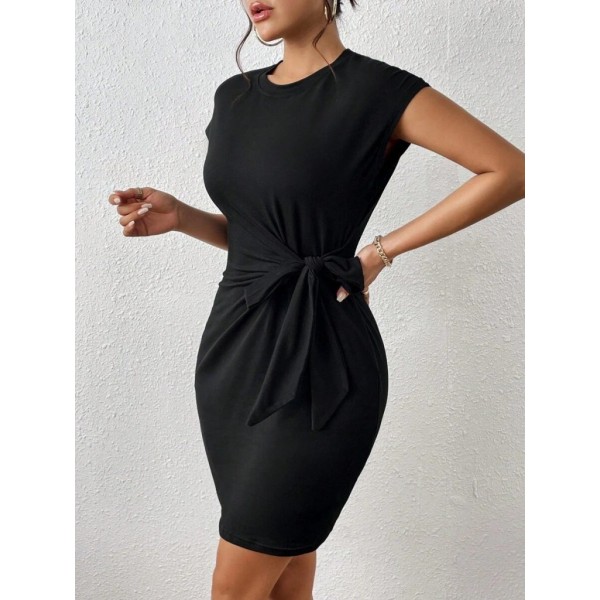 Kadın Kısa Kap Kollu Bisiklet Yaka Belden Bağlamalı Modal Mini Elbise