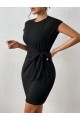 Kadın Kısa Kap Kollu Bisiklet Yaka Belden Bağlamalı Modal Mini Elbise