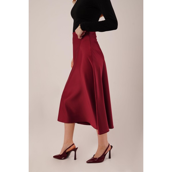 Çan Kesim Midi Bordo Saten Etek