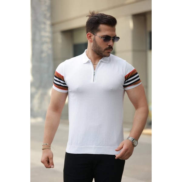 Erkek Fermuar Yakalı Kolları Desenli Kısa Kollu Tişört