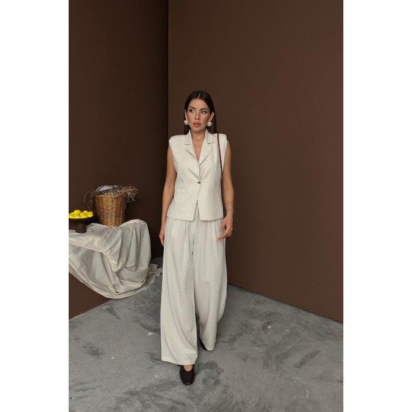 Bej Keten Yelek Pantolon Takım