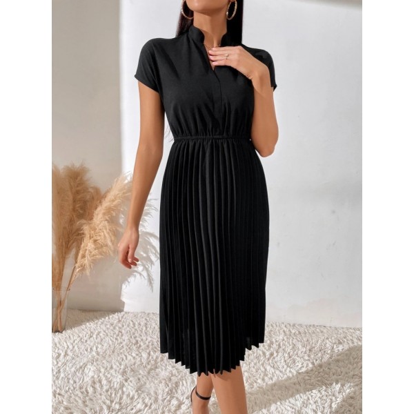 Kadın Kısa Kollu Hakim V Yakalı Pileli Janjan Krep Elbise