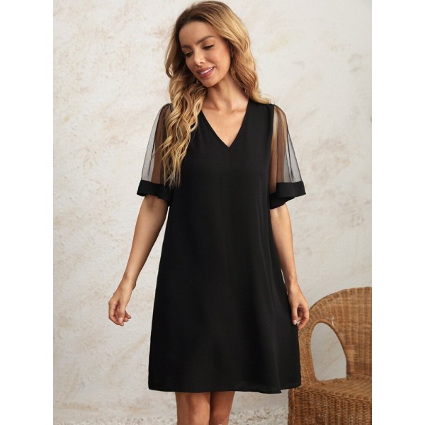 Kadın Tüllü Kısa Kollu V Yaka Krep Elbise