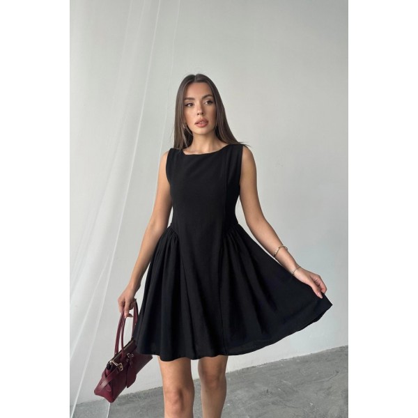 Siyah Mini Boy Büzgülü Keten Elbise