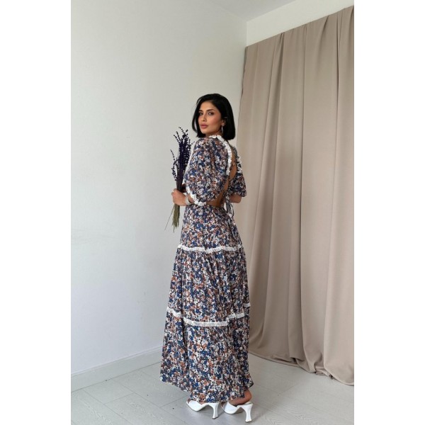 Desenli Sırtı Dekolteli Brode Elbise