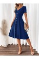 Kadın Kısa Kollu V Yakalı önden Düğmeli A Kesim Dokuma Elbise