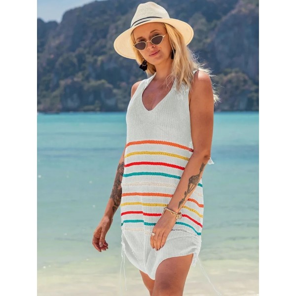 Kadın V Yaka çizgi Desenli Yanlar Asansör Büzgülü Triko Pareo