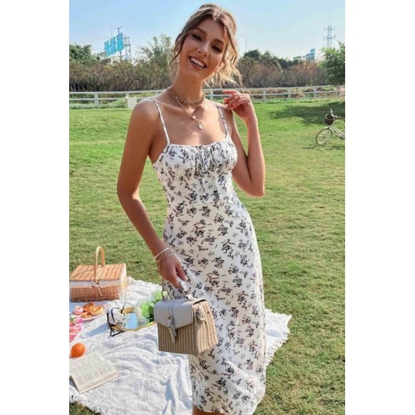 Kadın Ip Askılı Yakadan Bağcıklı Desenli Süprem Elbise