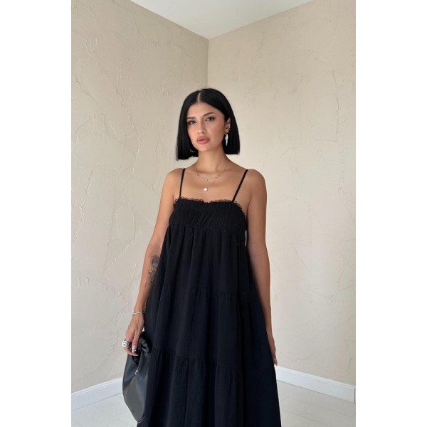 Siyah Askılı Parçalı Müslin Elbise
