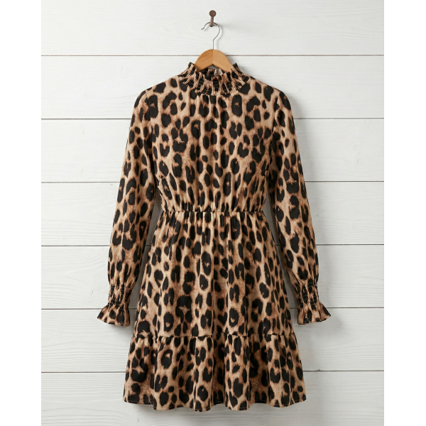 Kadın Uzun Kollu Yarı Balıkçı Yaka Leopar Desenli Modal Mini Elbise