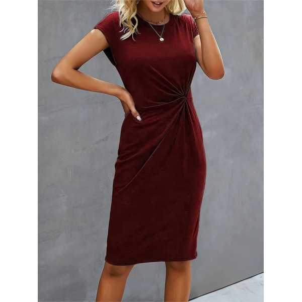 Kadın Kısa Kollu Bisiklet Yaka Yandan Büzgülü Midi Viskon Elbise